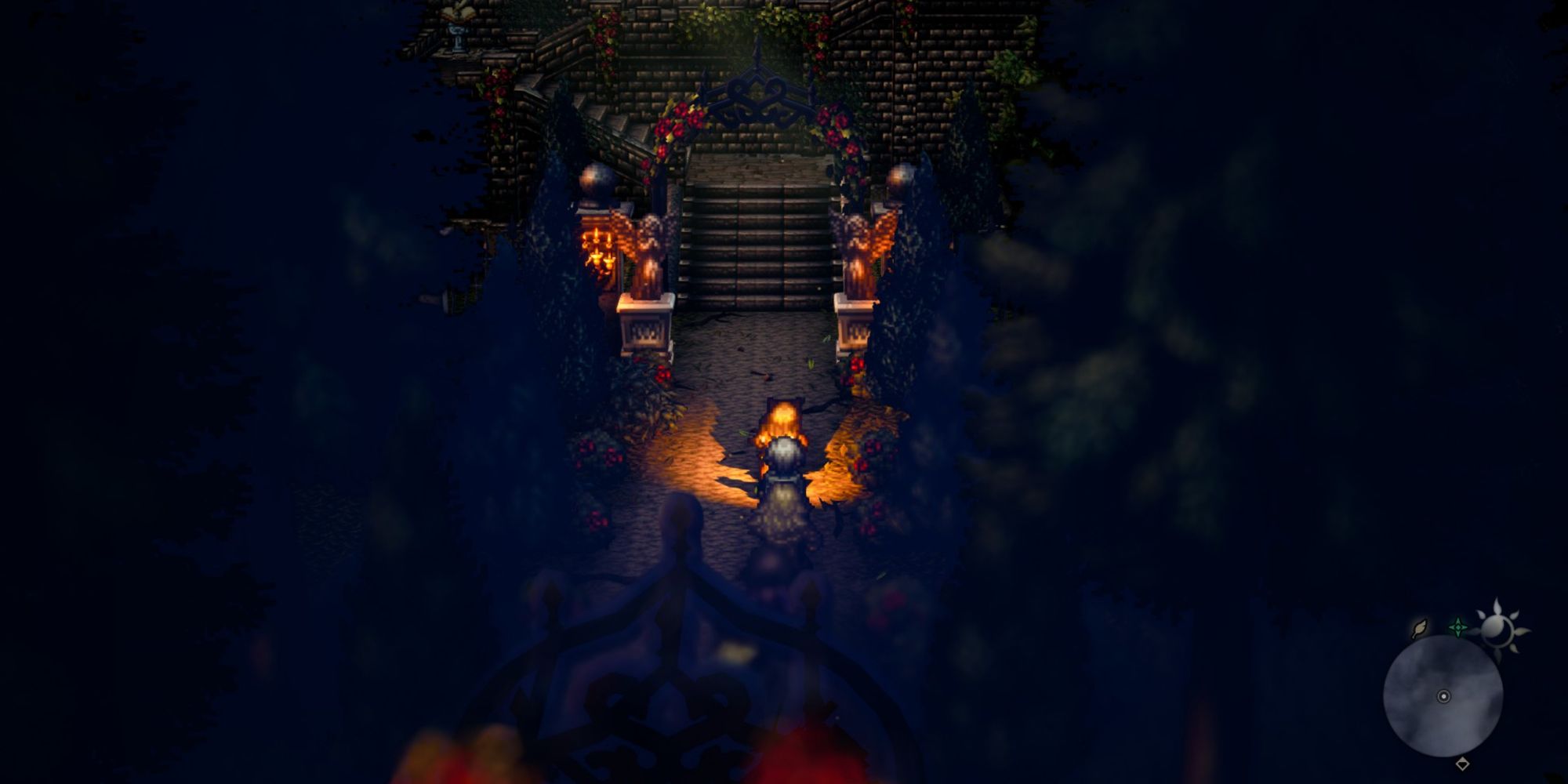 Octopath Traveler 2 - Walking underneath arches in mother's garden