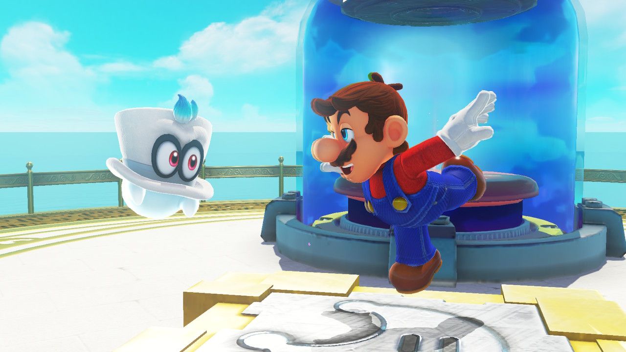 Mario an Cappy successfully completed a task in the Seaside Kingdom to activate a switch in Super Mario Odyssey.