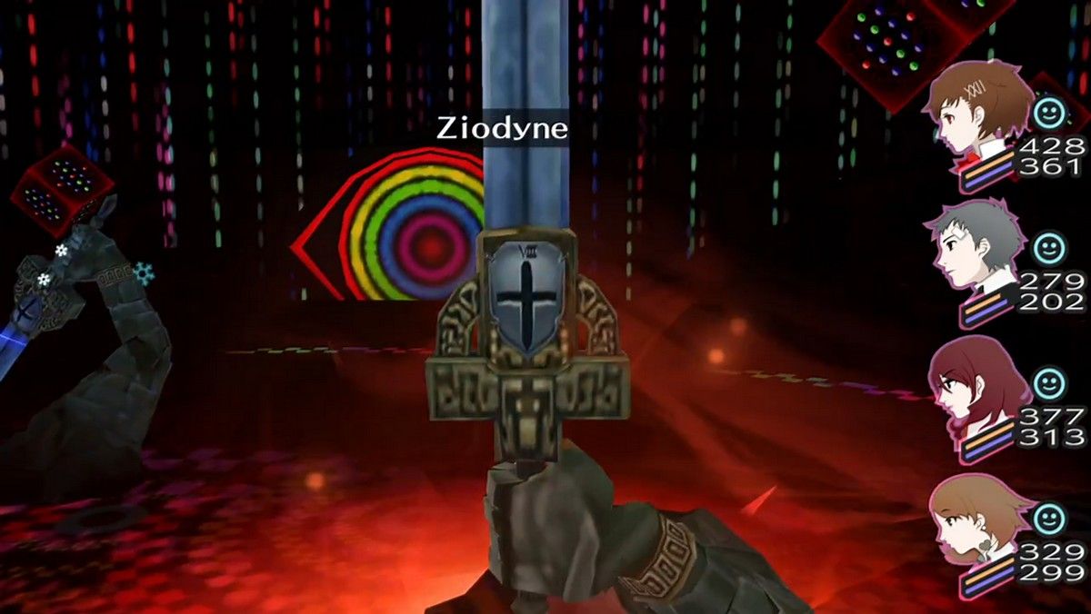 one of the judgement sword guardians using ziodyne while another is frozen in the background in persona 3 portable