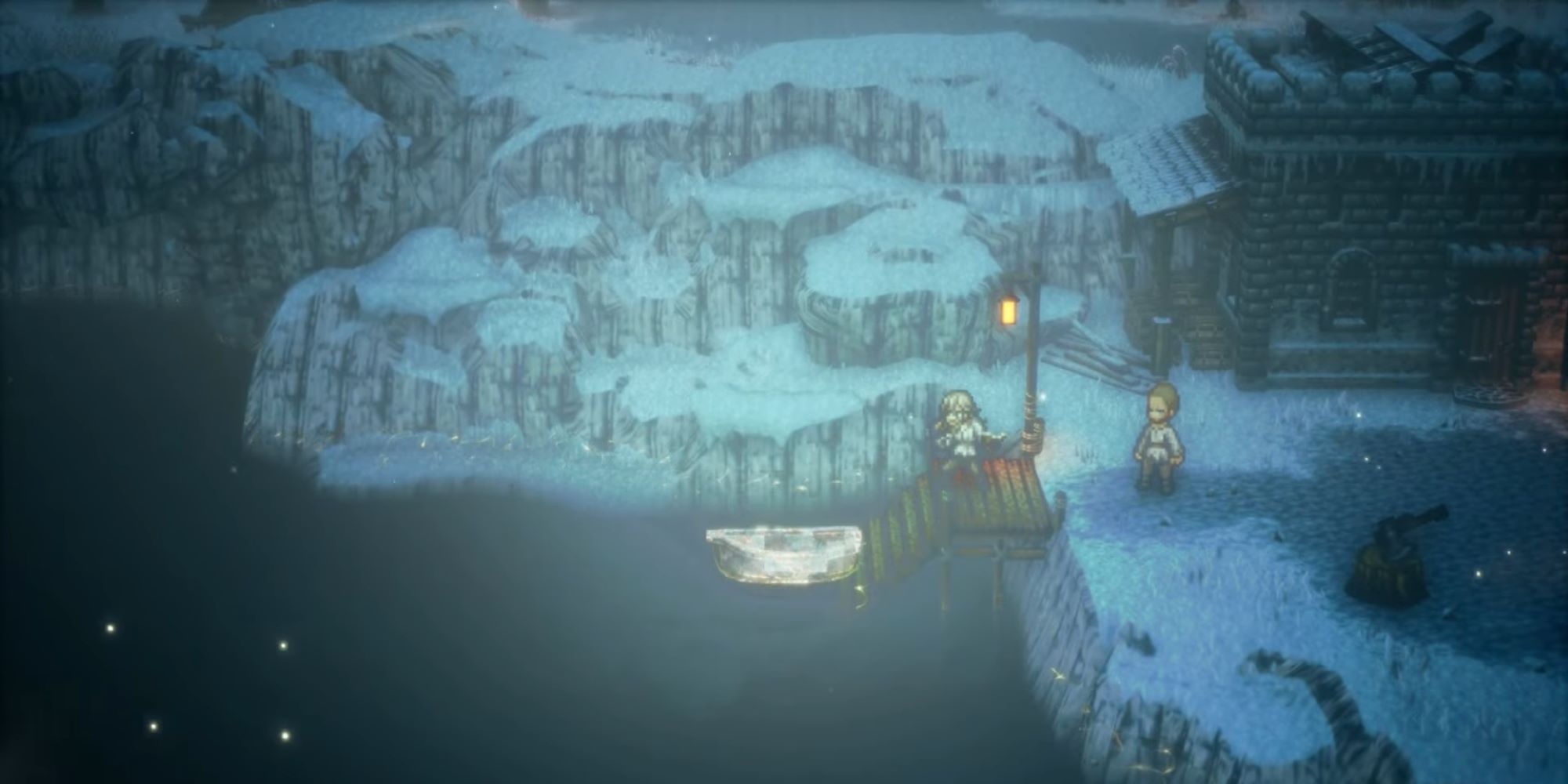 Osvald and Emerald's escape by ice boat in Octopath Traveler 2