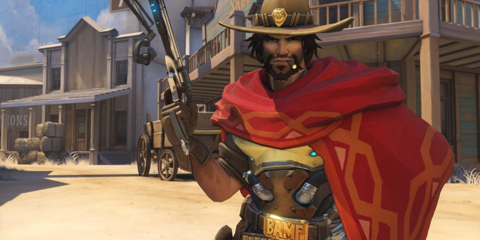 A photo of Cassidy from Overwatch, standing in a western town in his classic red outfit.