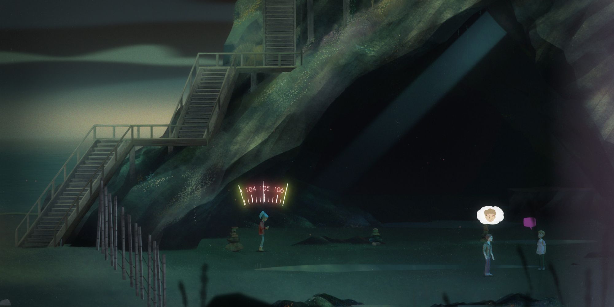 Alex stands on a dark beach while others talk in front of a cave