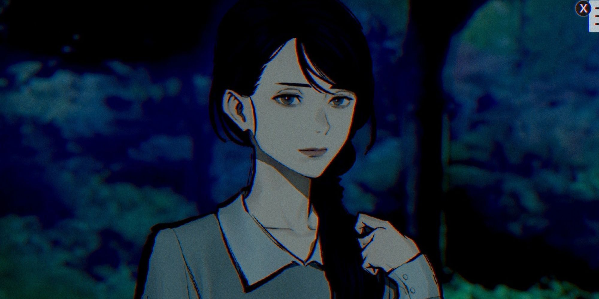 Harue Shigima puts her hand on her shoulder in a park at night