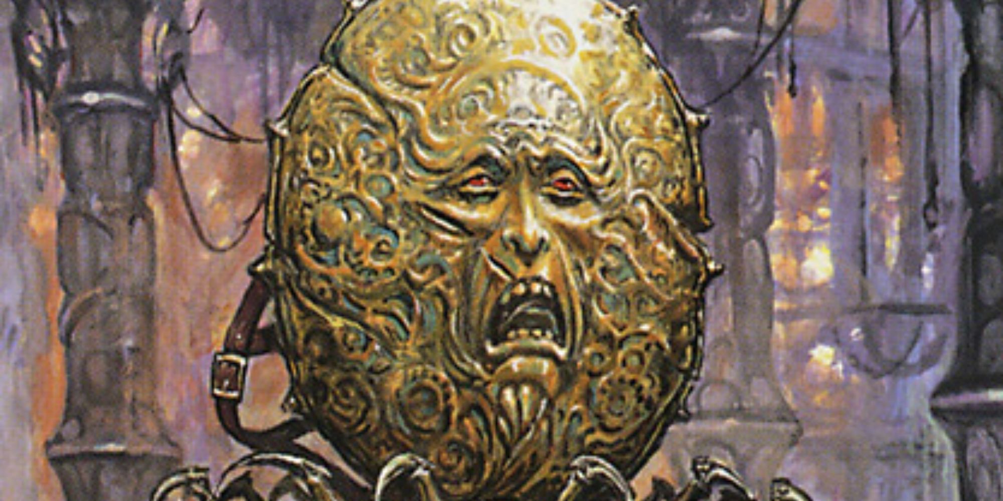 a gold shield with a grimacing face on it