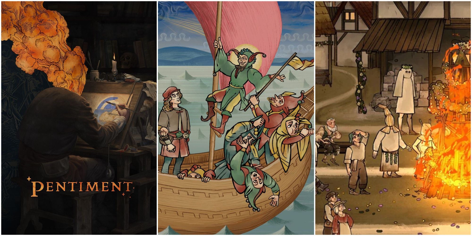 Pentiment - Art work, Andreas on his dream boat, the village gathered around a pyre