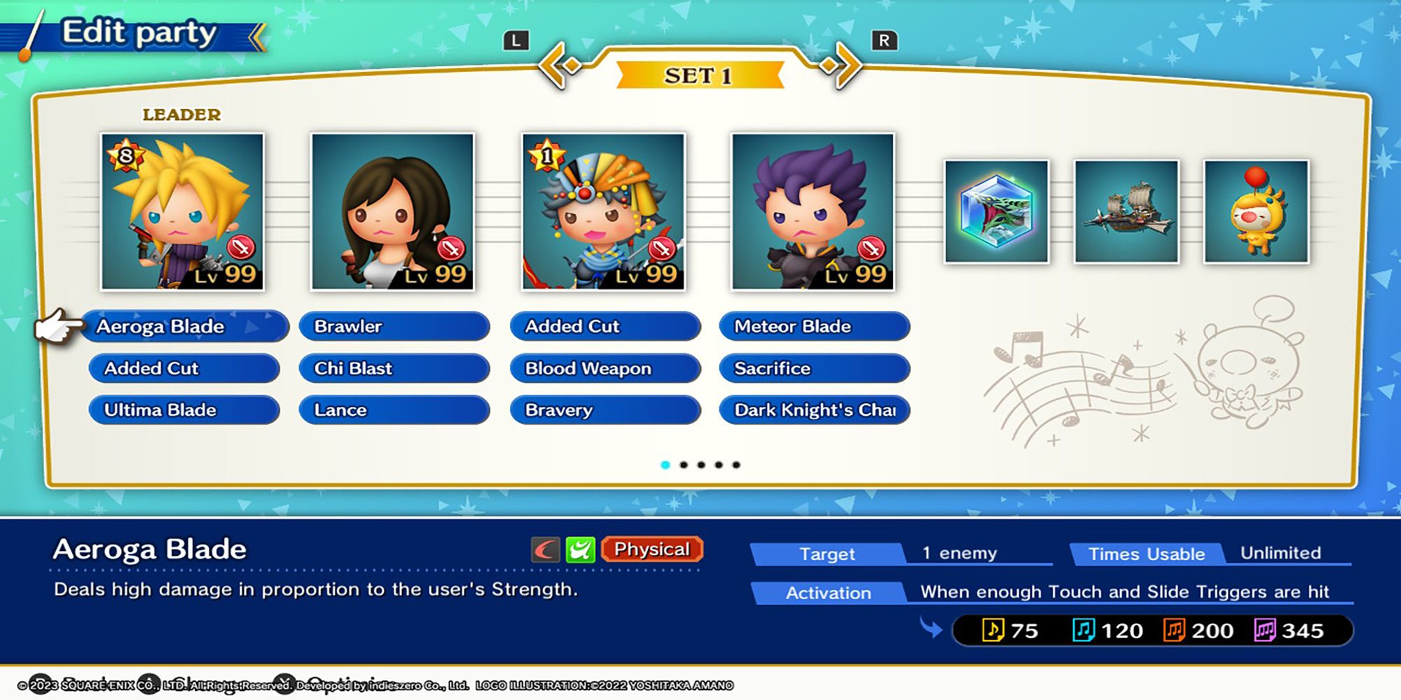 Cloud, Tifa, Firion, and Leon in a physical attack-focused party for Theatrhythm: Final Bar Line.