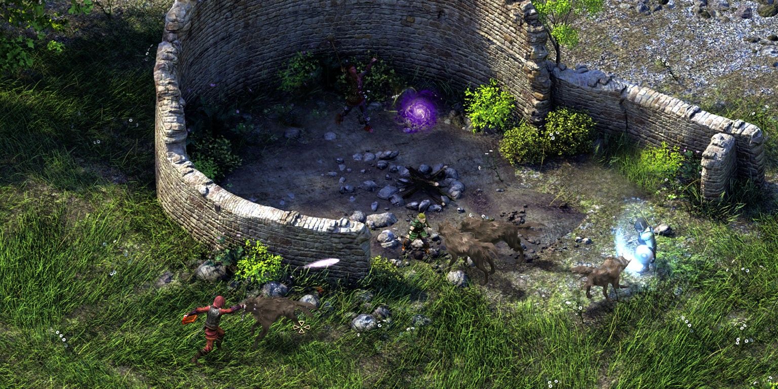 Pillars of Eternity Screenshot of characters fighting wolves