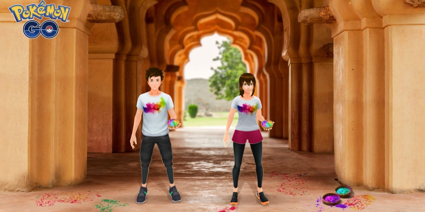 Two Pokemon Go Avatars doing the Color Throw Pose under and archway