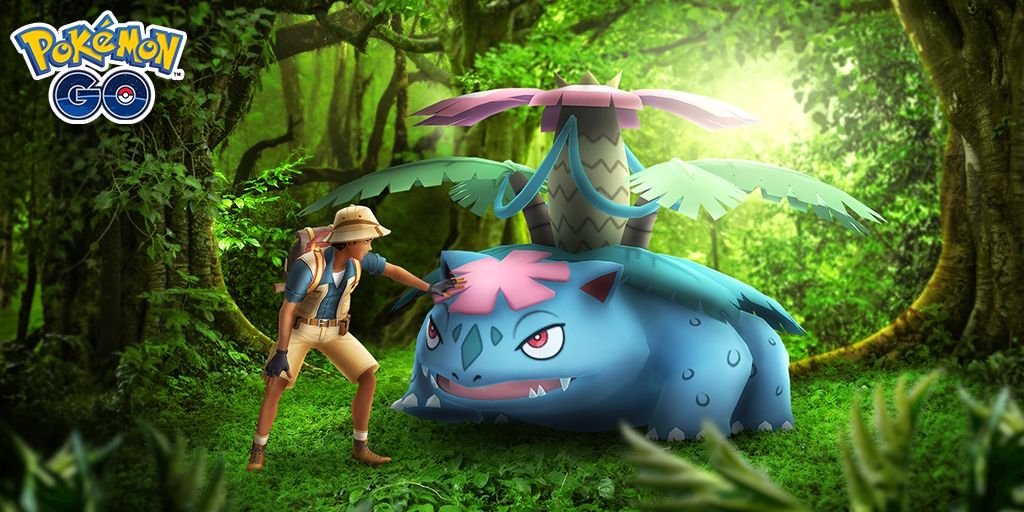 Mega Venusaur and a Pokemon Go Trainer in a forest with the Pokemon Go logo in the corner
