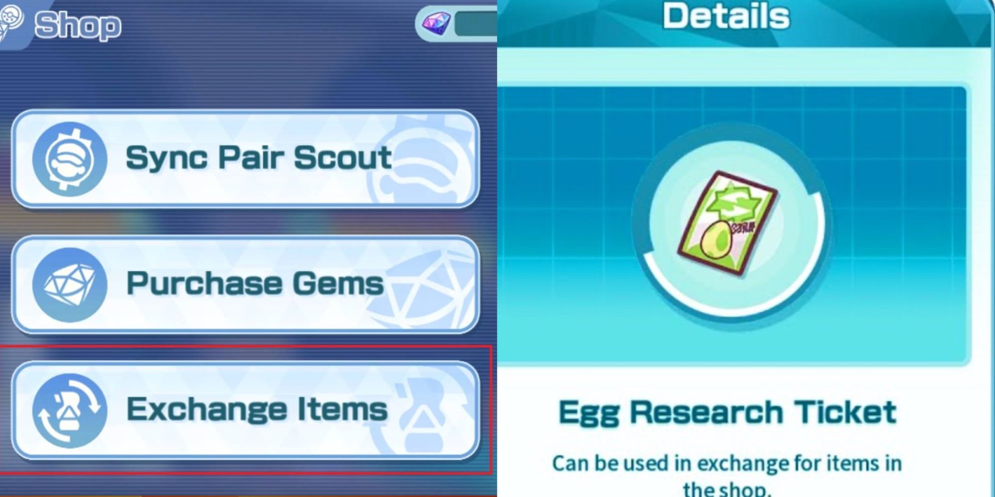 The Item Exchange Menu on the left and some Egg Research Tickets in the menu on the right.