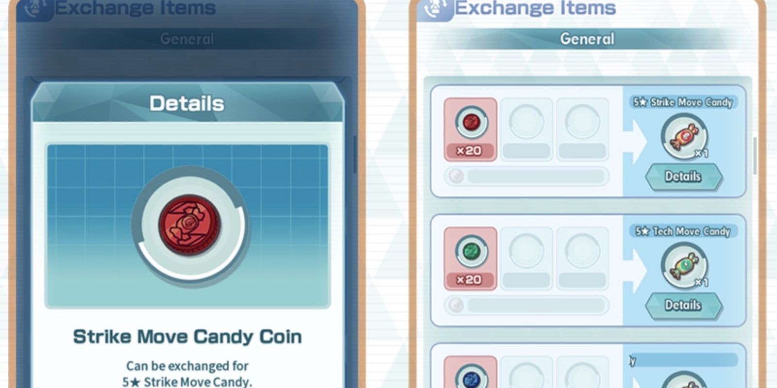 Move Candy Coin Exchange screen including Striker and Tech Candy Coins.
