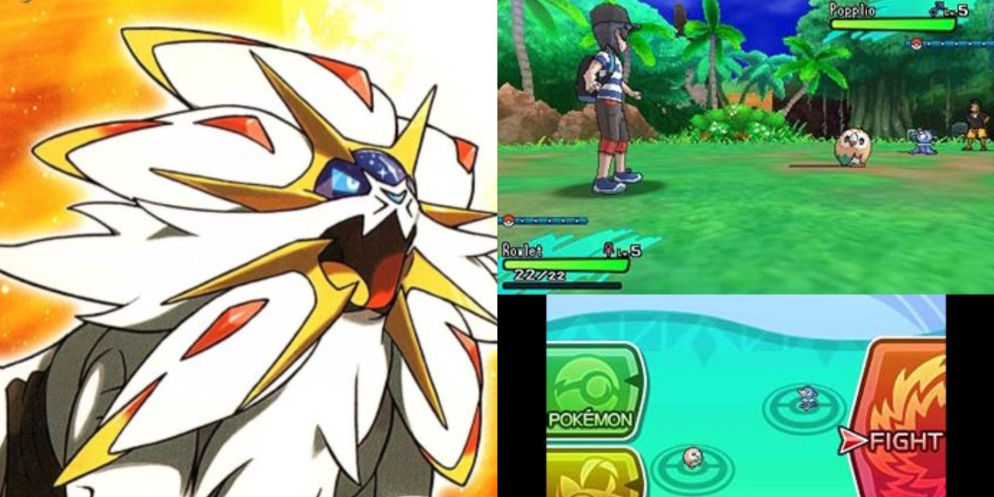 pokemon sun cover with solgaleo and battle gameplay with rowlet and popplio
