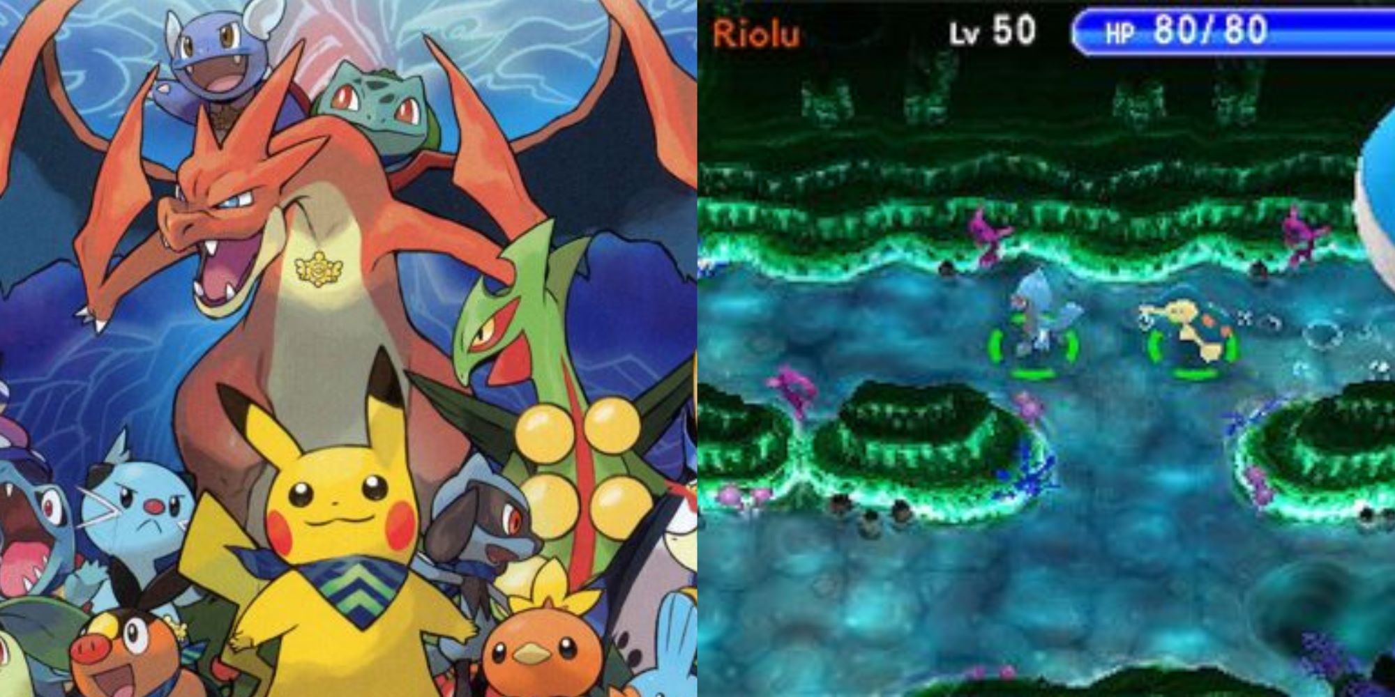pokemon super mystery dungeon cover with pokemon cast and exploration gameplay with riolu and cyndaquil