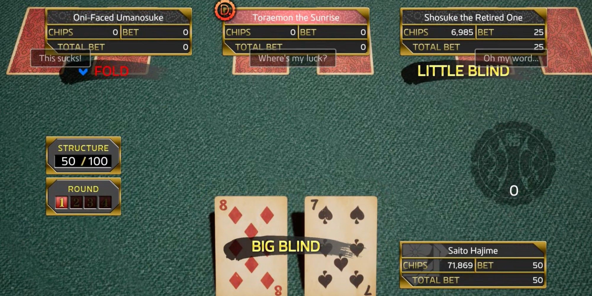 Ryoma's hand shows an eight of diamonds and seven of clubs. He sits across from three other hands against a green table