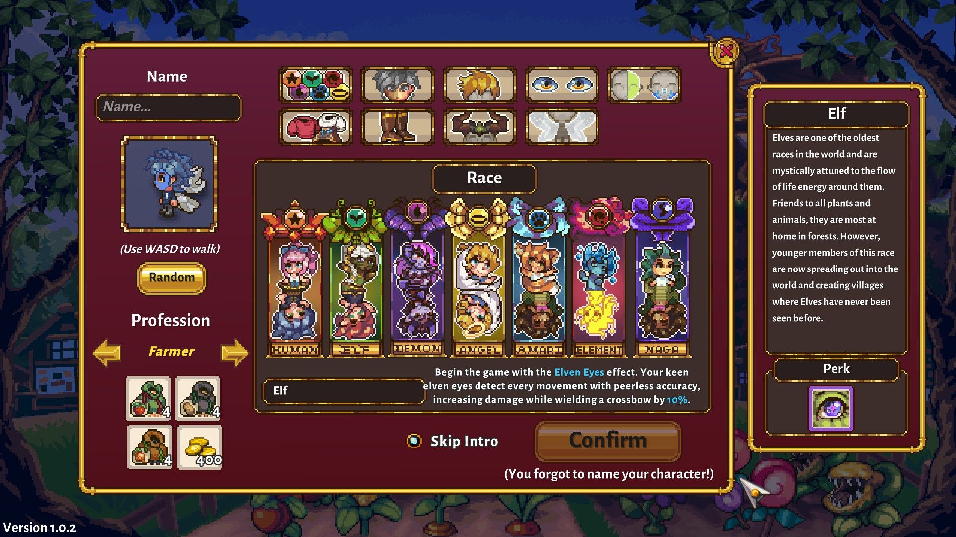 A look at hte character creation screen with Elf race and Farmer profession selected in Sun Haven.