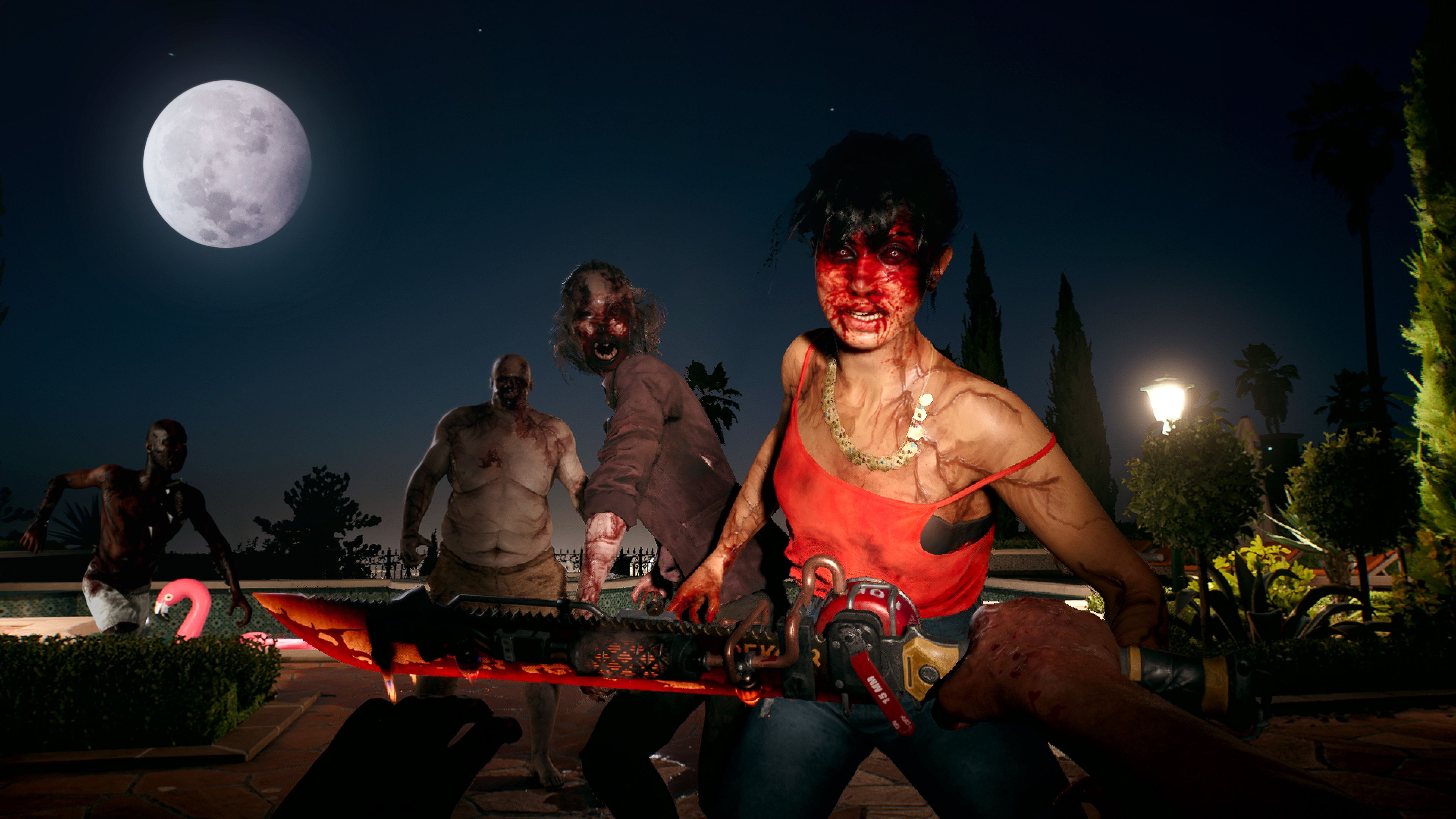 Dead Island 2's protagonist using a knife in the dark.