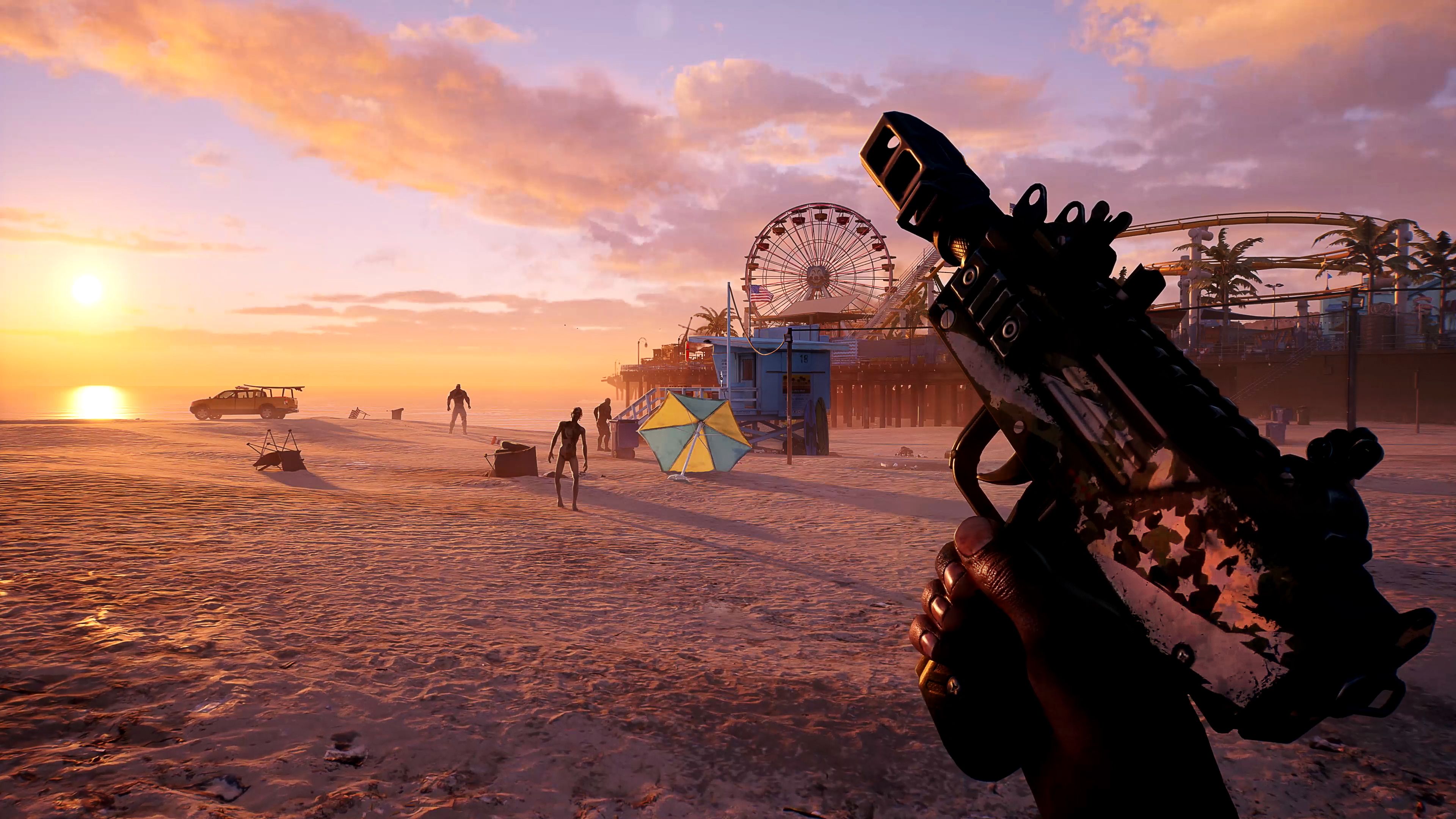 Dead Island 2's protagonist aiming a gun on the beach.