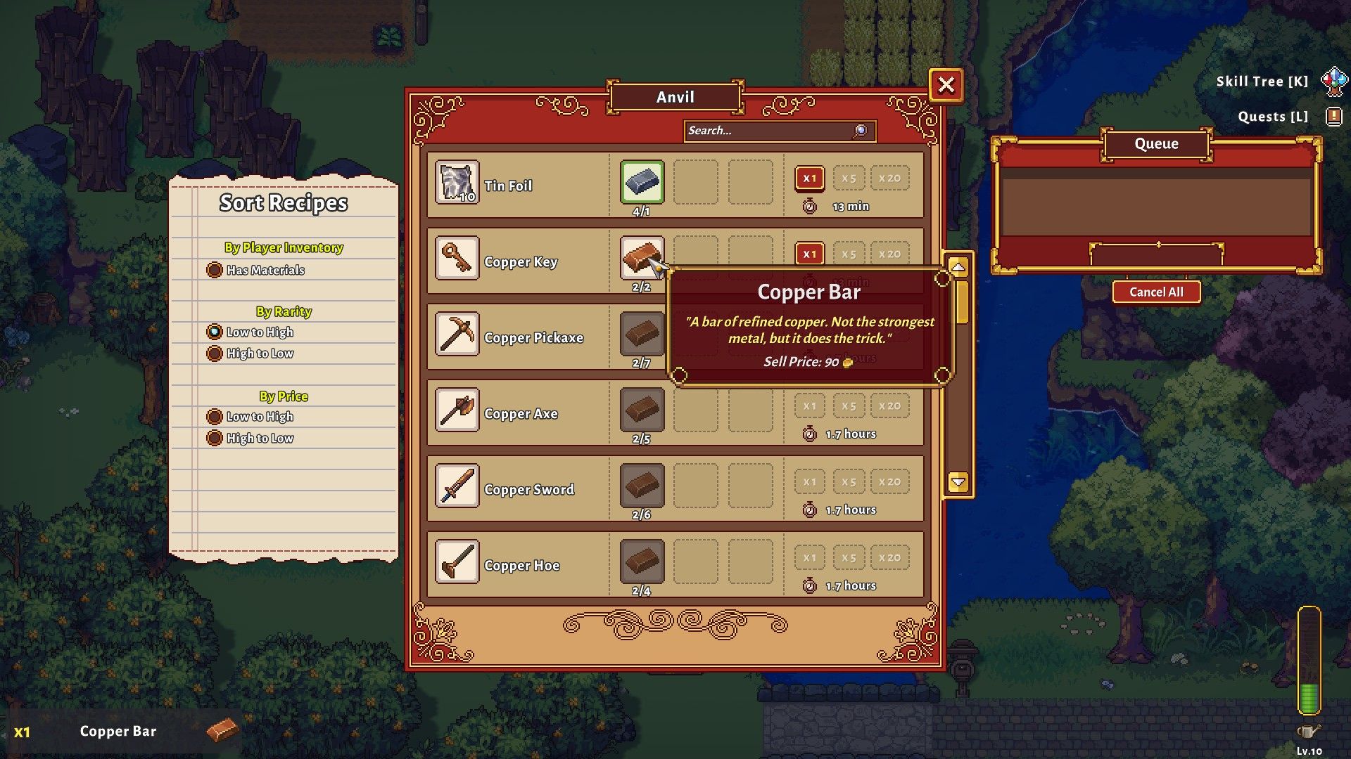The anvil menu where you can craft weapons, armor, and similar equipment in Sun Haven.