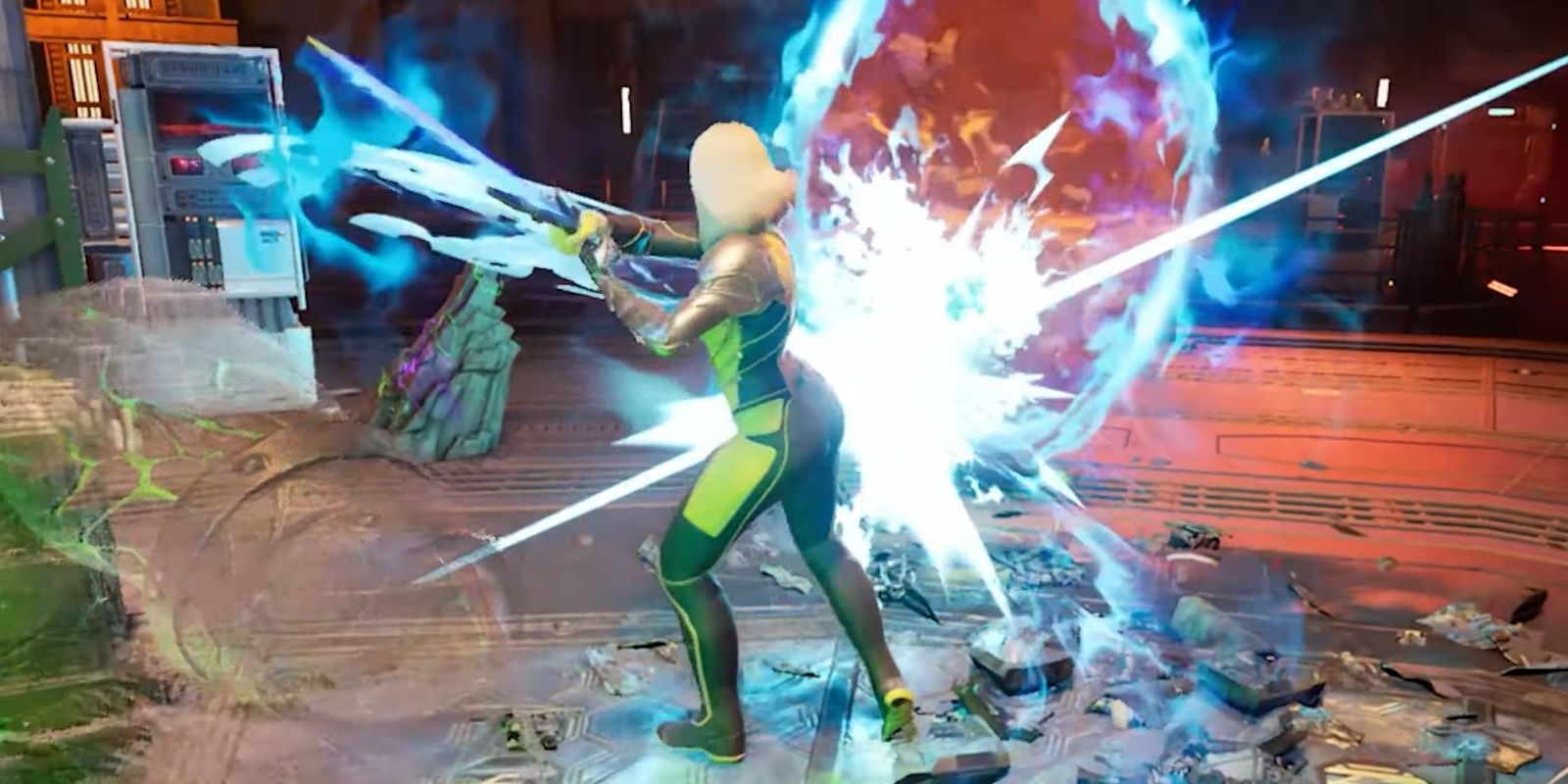 Magik slashes with her sword, which emits a bright light