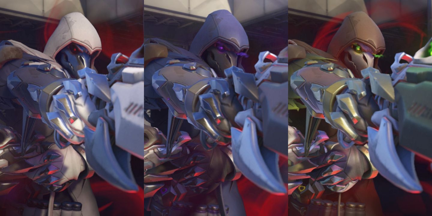 Three variations of the Nevermore skin from Reaper, in Overwatch 2