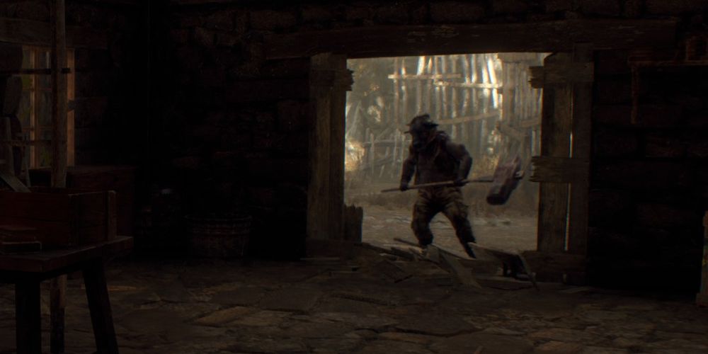 a Brute standing in the doorway of the barn in Resident Evil 4 remake