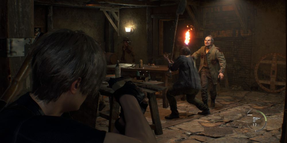 leon kennedy flanks a pair of ganados during the cabin siege in resident evil 4 remake