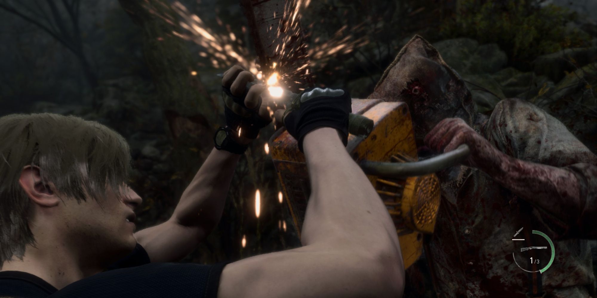 leon kennedy parries a chainsaw attack from doctor salvador in the resident evil 4 remake