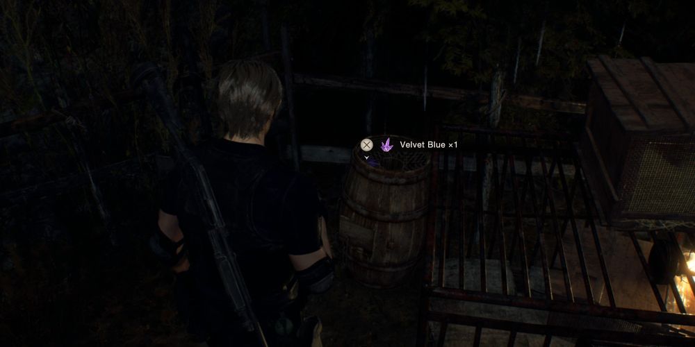 leon kennedy finds a velvet blue on top of a barrel in resident evil 4 remake