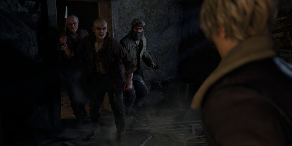 leon kennedy's first encounter witha  group of ganados in resident evil 4 remake