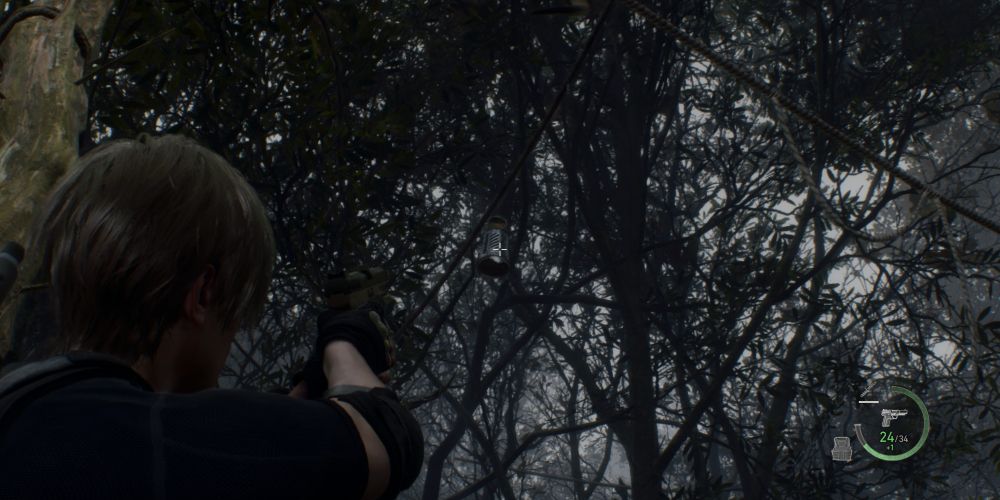 leon kennedy takes aim at a gem cask outside the village chief's manor in resident evil 4 remake