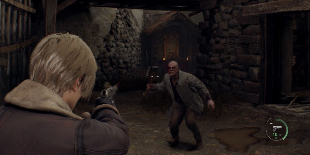 leon kennedy takes aim at a lone ganado in resident evil 4 remake