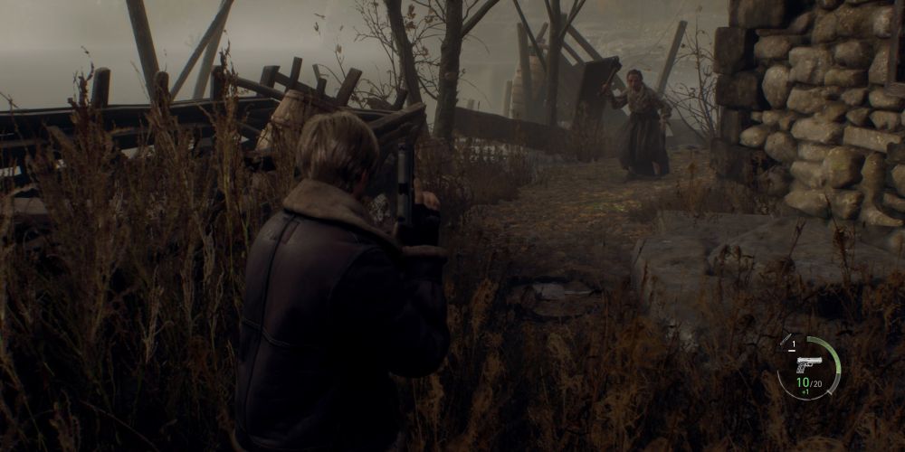 leon kennedy is attacked by a villager with a knife in resident evil 4 remake