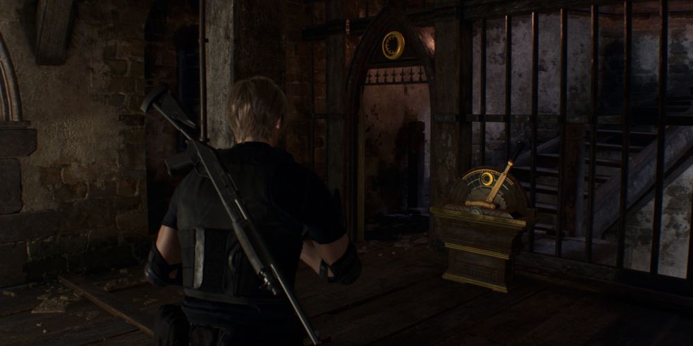 leon kennedy approaches a lever for the castle's sun and moon doors in resident evil 4 remake