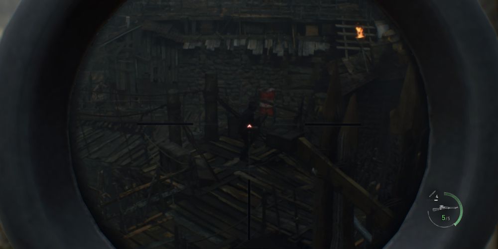 lining up a shot with the rifle scope in resident evil 4