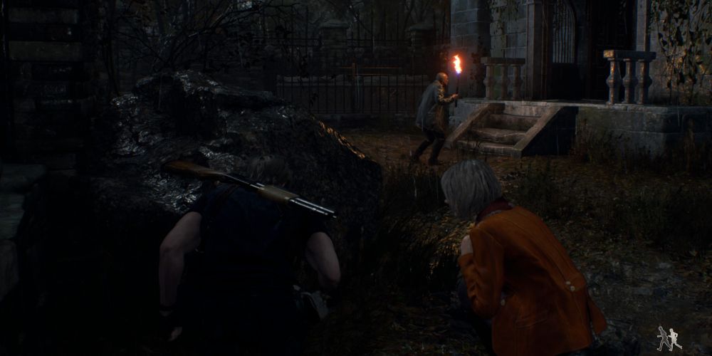 leon kennedy and ashley graham hide from a ganado in front of the church in resident evil 4 remake