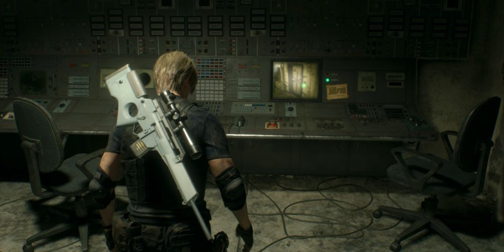 leon kennedy in the island surveillance room in resident evil 4 remake