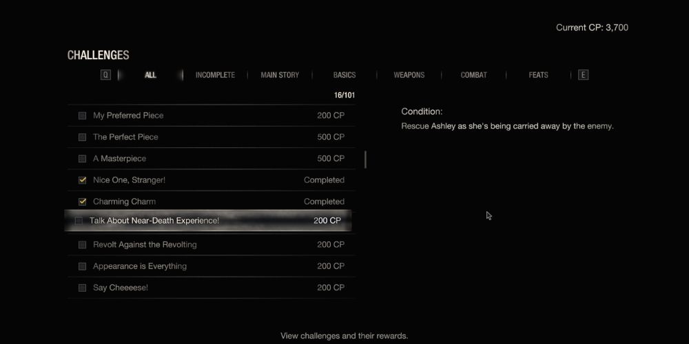 Challenge list with the rescue Ashley from an enemy being highlighted