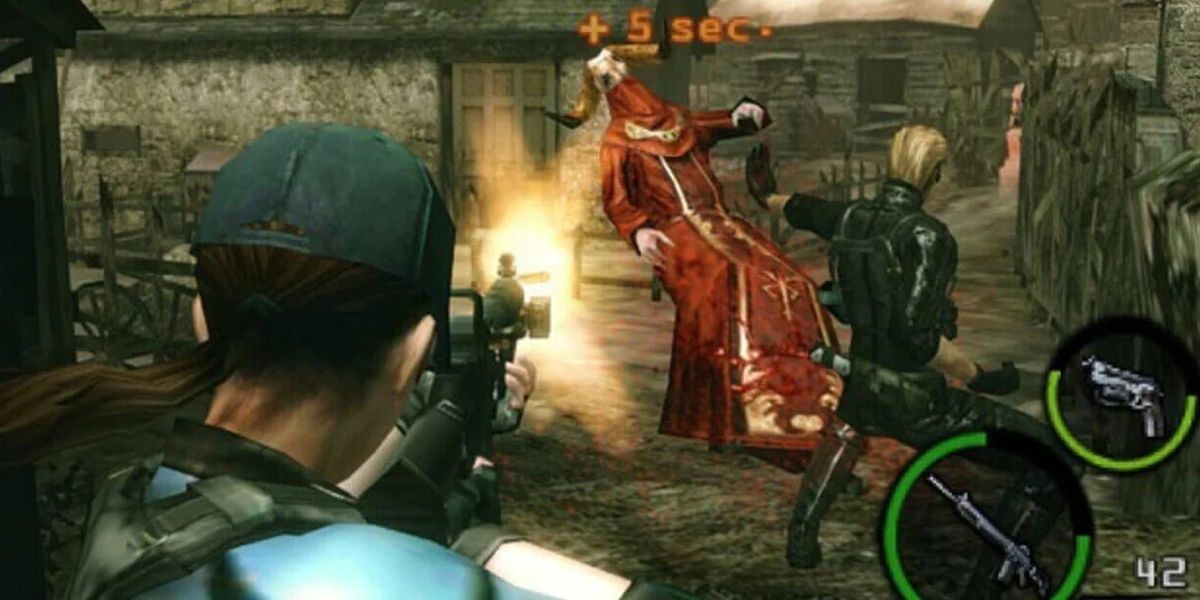 Jill shoots a cultist as Wesker attacks