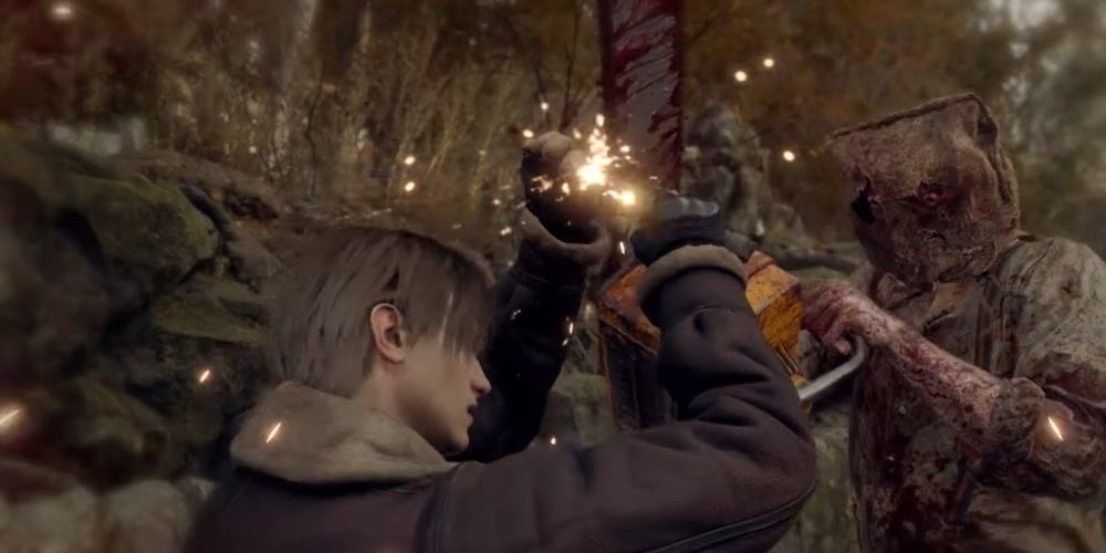 Leon parrying a chainsaw attack