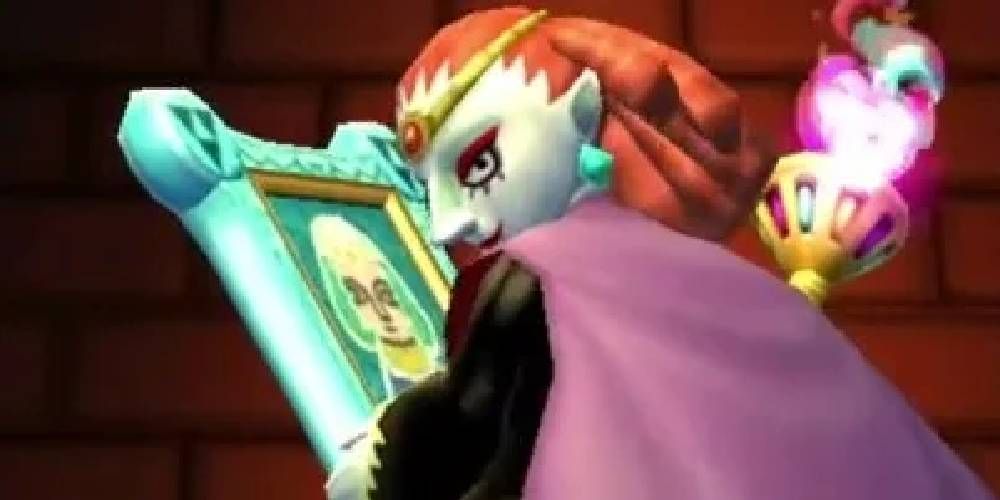 Yuga loking over his shoulder with a portrait in hand in A Link Between Worlds the Zelda game