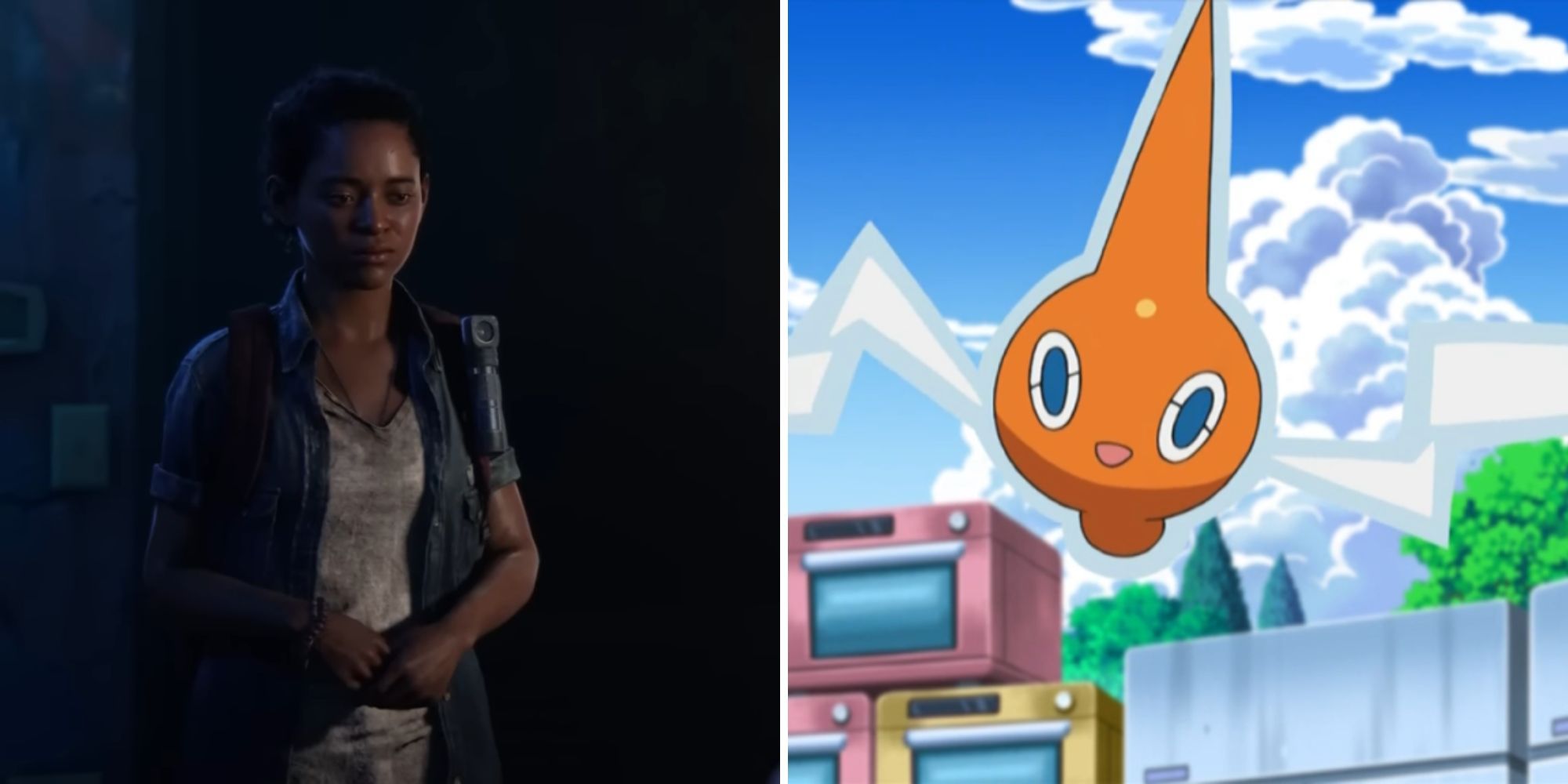 Riley stands in a dark room and Rotom glides around on a sunny day
