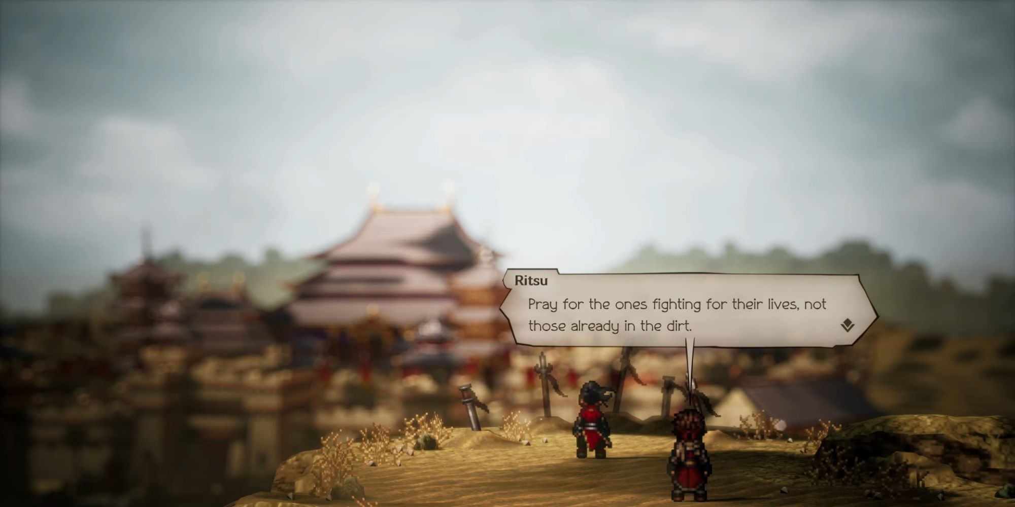Ritsu from Octopath Traveler II before going into battle in Hikari's route