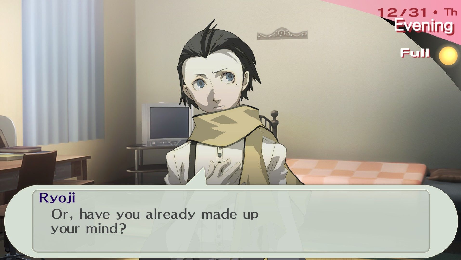 ryoji asking if the female protagonist of persona 3 portable has made up her mind