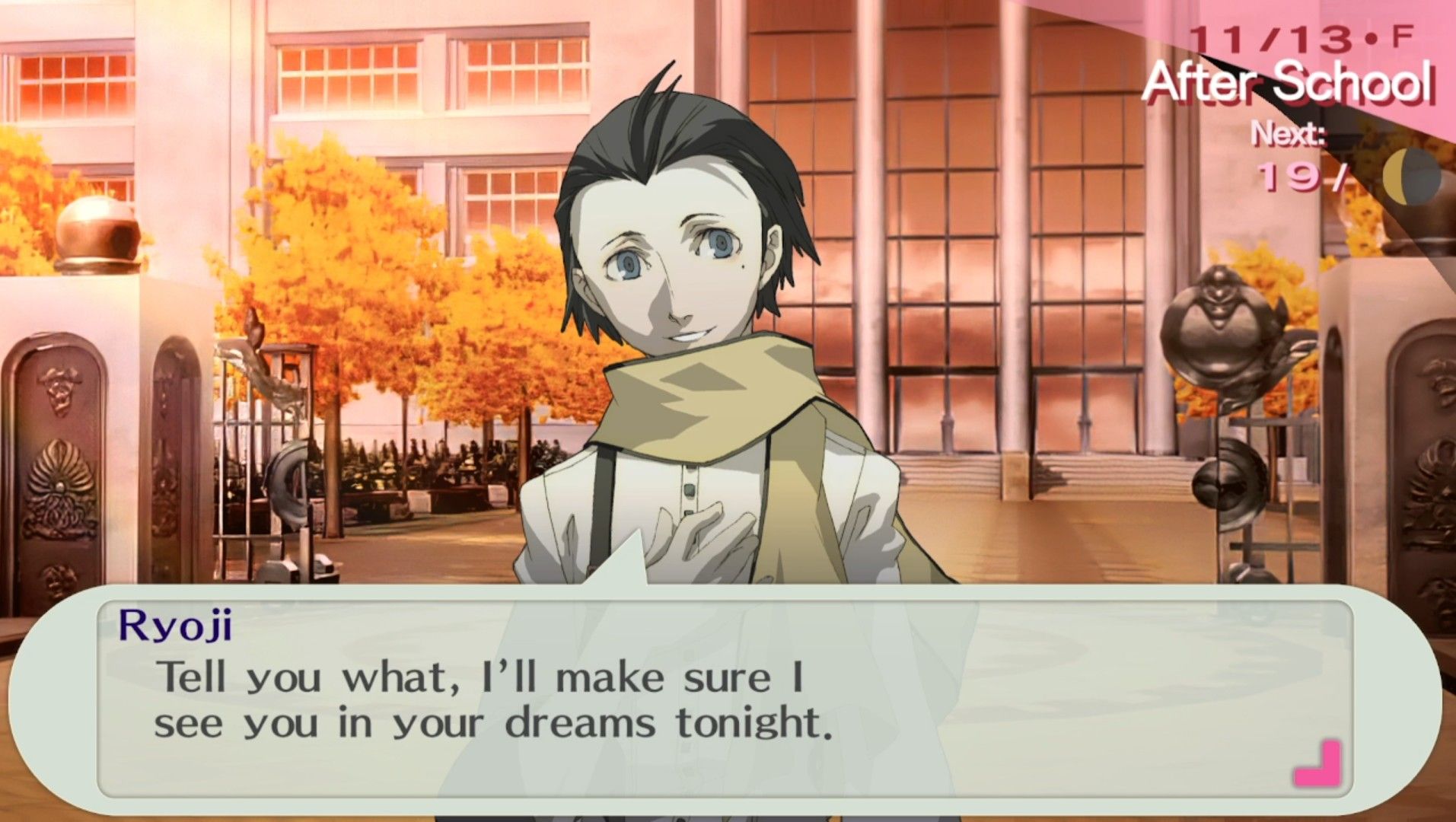 ryoji flirting and telling someone he'll see them in their dreams in persona 3 portable outside gekkoukan high
