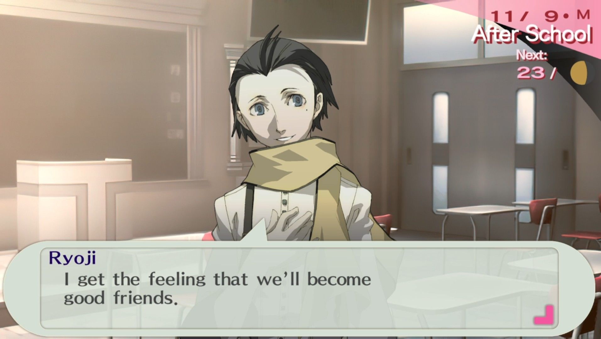 ryoji in the classroom at gekkoukan high telling the female protagonist he thinks they'll be close in persona 3 portable