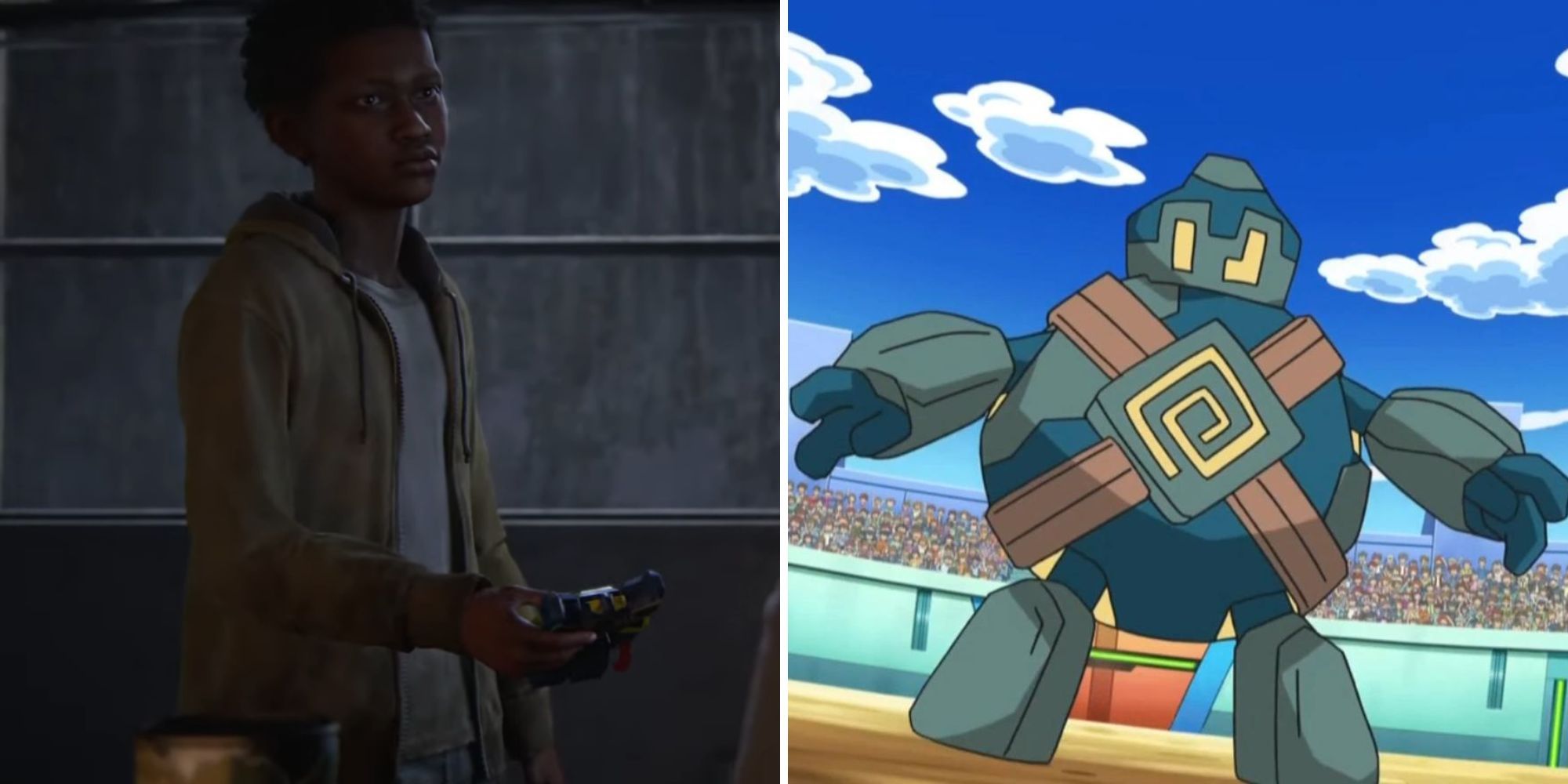 Sam holds a toy robot and Golett prepares for battle in a stadium full of people