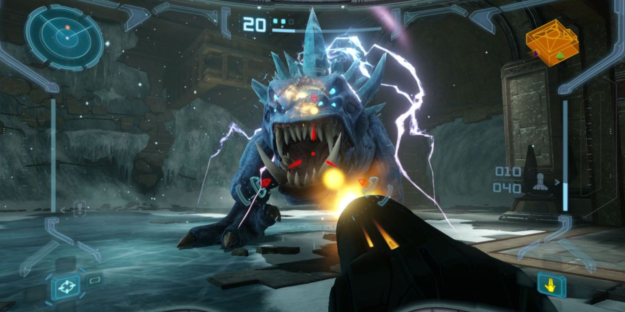 Samus fighting against a Sheegoth in Metroid Prime Remastered