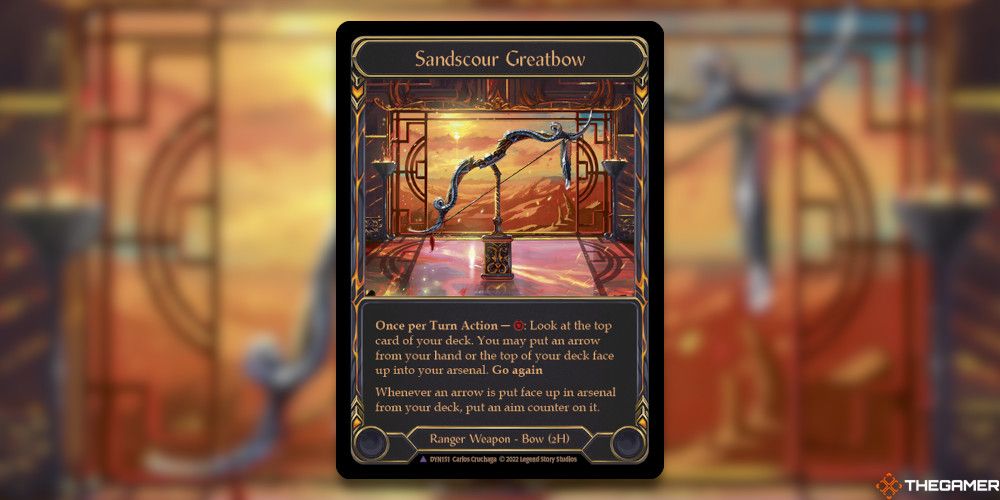 Sandscour Greatbow Card in front of blurred card art