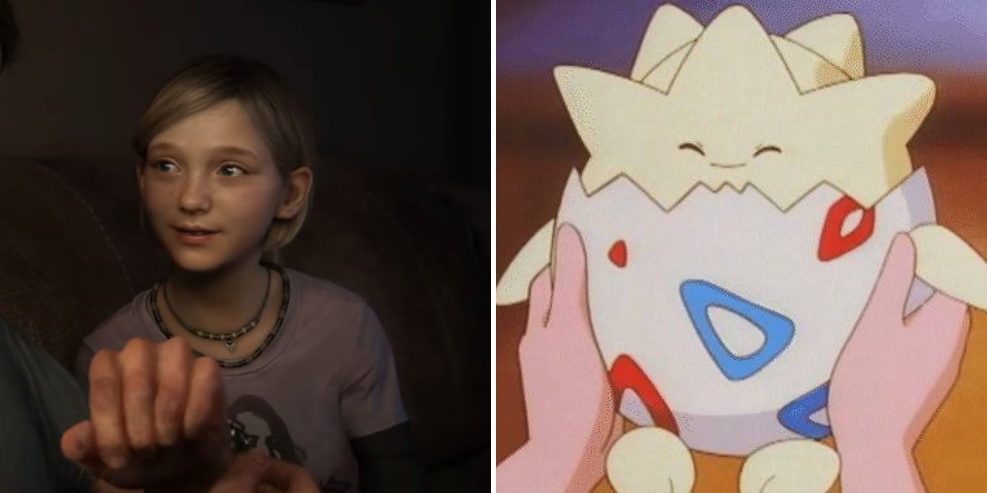 Sarah sits on the couch beside Joel and Togepi smiles while being held