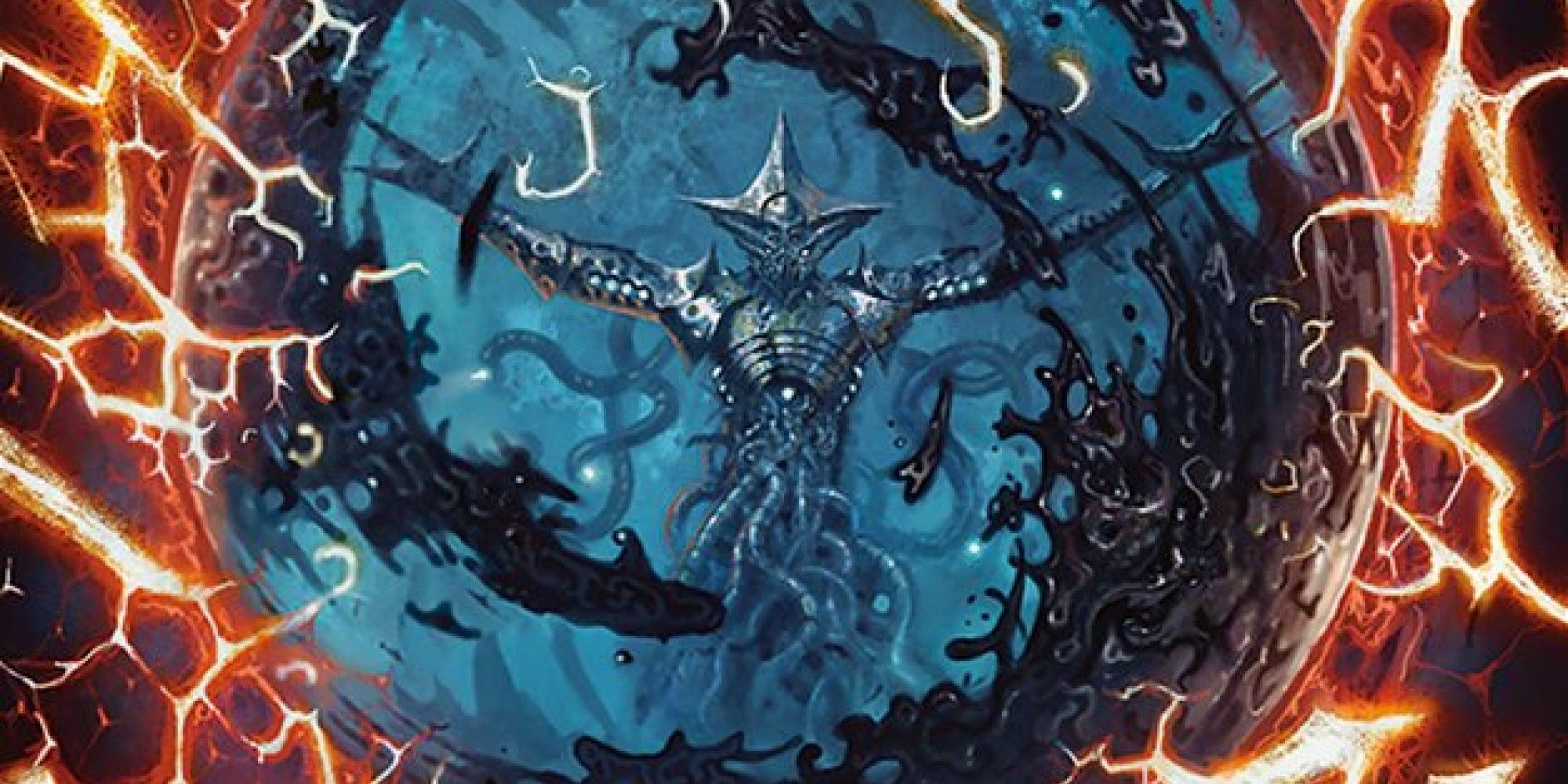 MTG Sarnvax blocking a lightning spell with an oil shield